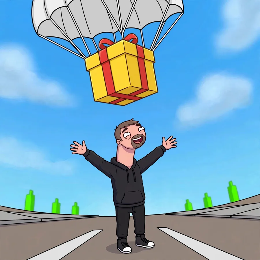 Gavun Wud catching a gift box on a parachute