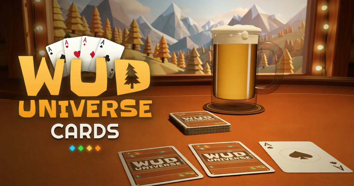 The WUD Universe Cards logo beside a glass mug of beer and a fanned deck on brown felt