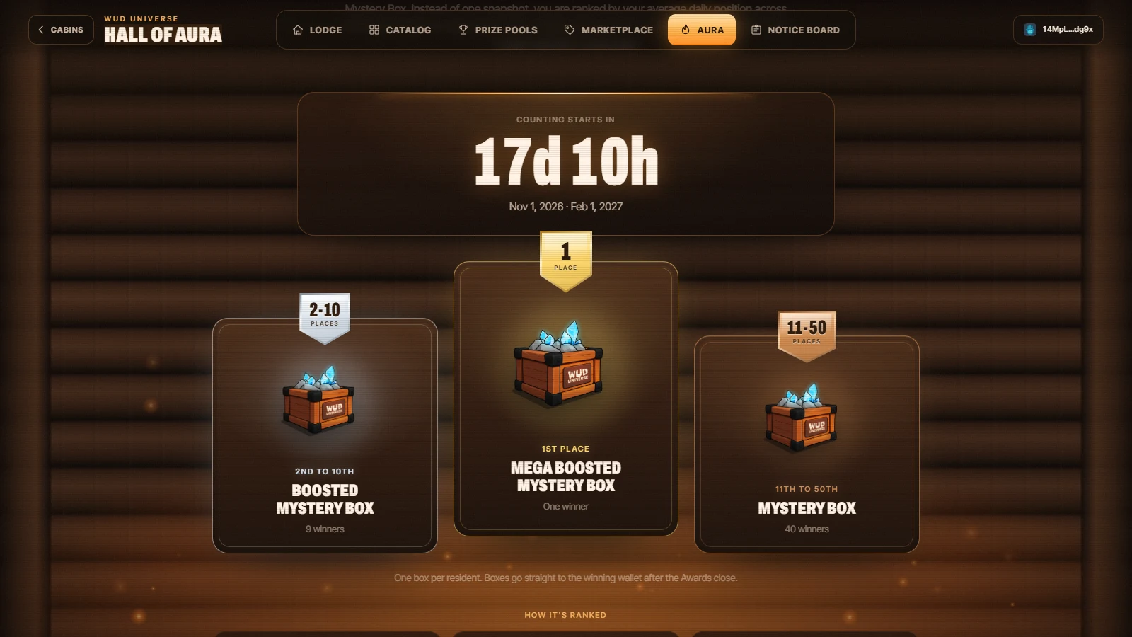 The Aura Awards prizes in the Hall of Aura: a Mega Boosted Mystery Box for first place, Boosted Mystery Boxes for 2nd to 10th and Mystery Boxes for 11th to 50th