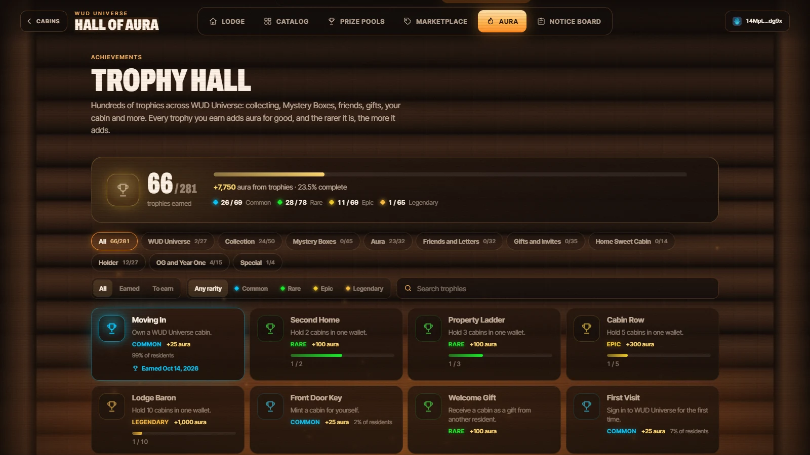 The Trophy hall in the Hall of Aura with categories, rarity filters and progress bars