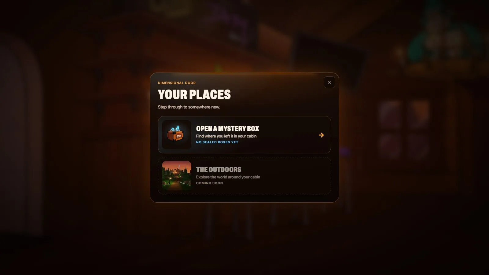 The Dimensional Door menu in a WUD Universe cabin