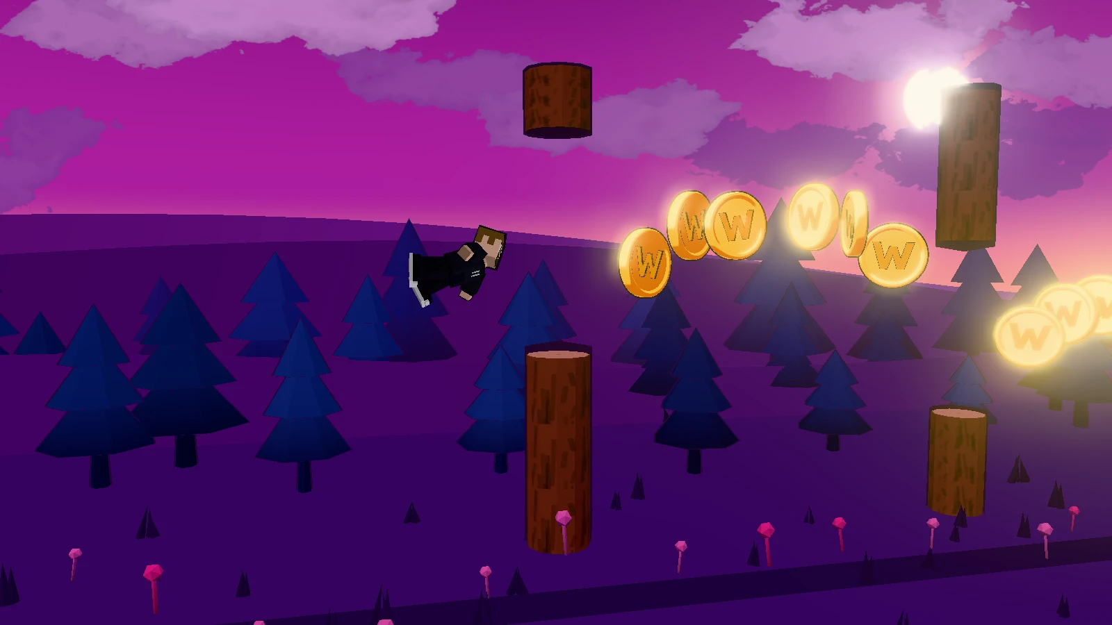 Gav flies toward spinning gold W coins between the logs in Flappy WUD