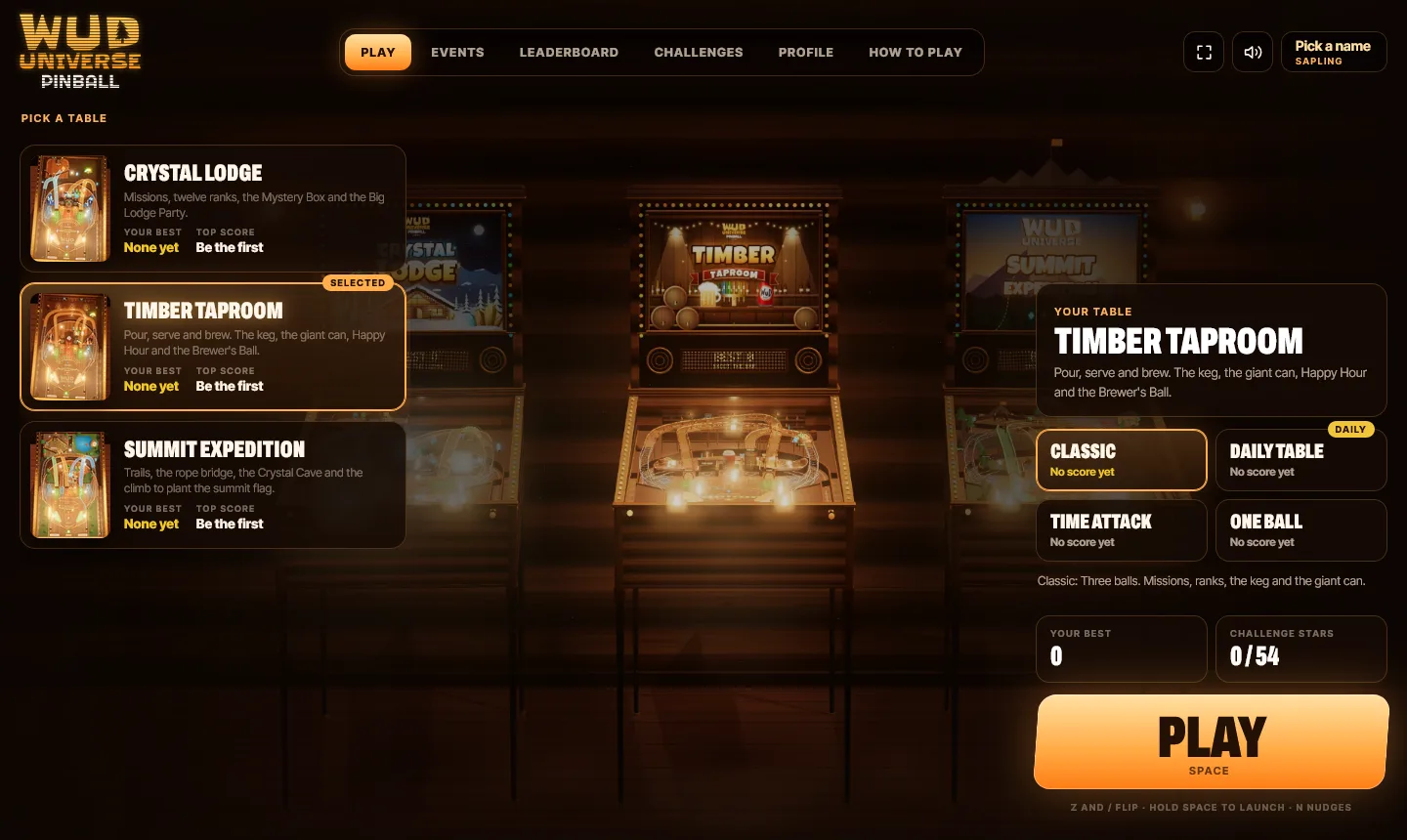 The WUD Universe Pinball lobby with three tables to pick from
