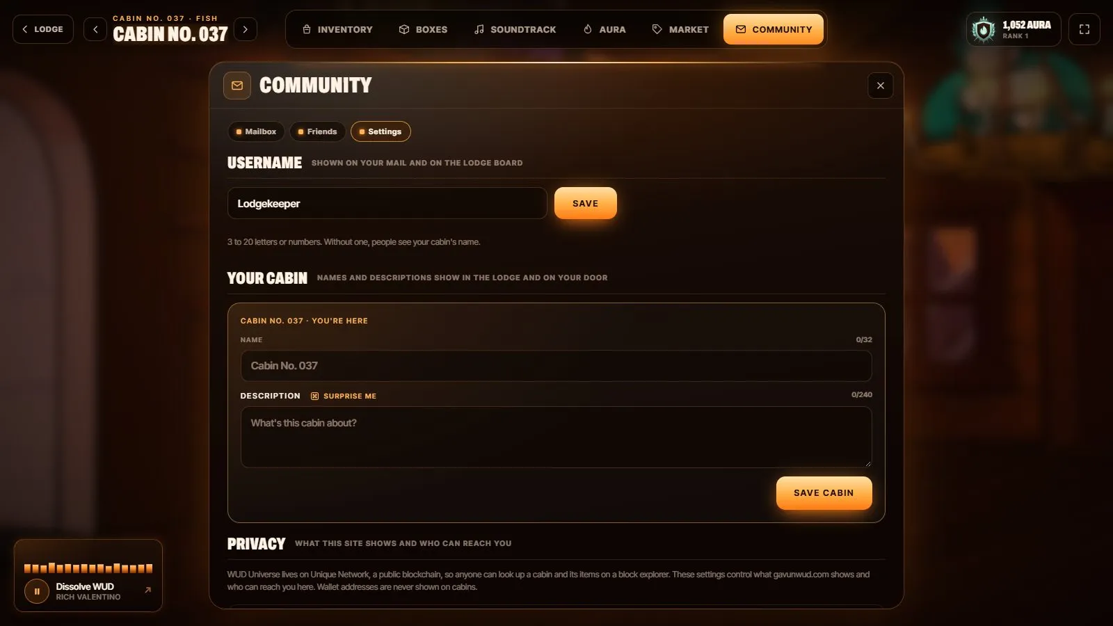 Username, cabin and privacy settings