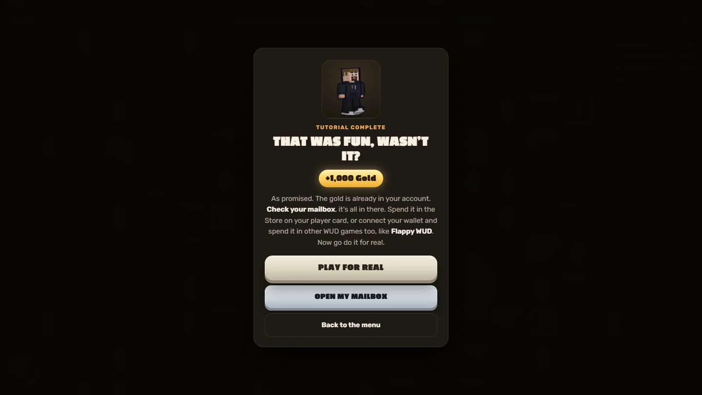 Tutorial complete screen awarding 1,000 gold