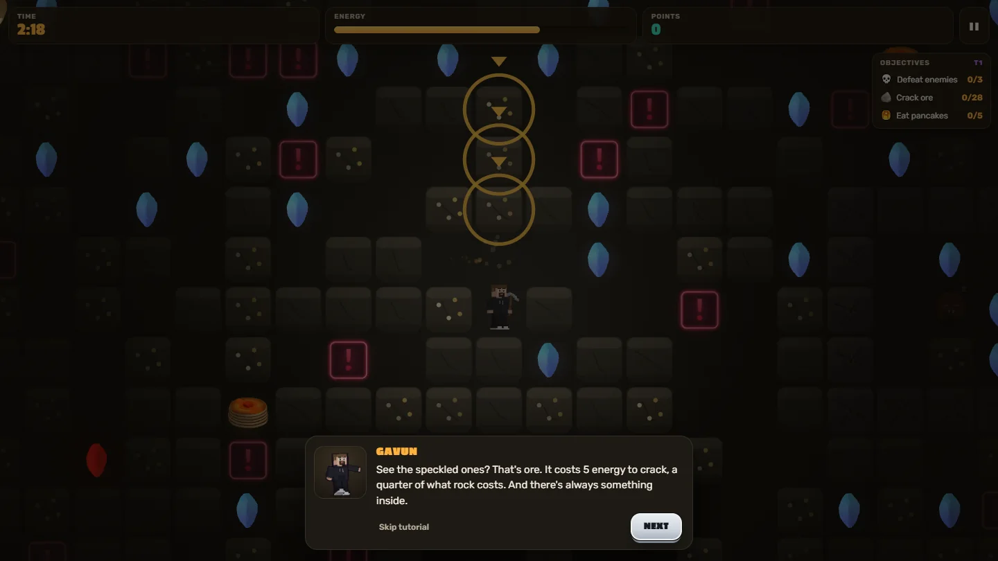 Ore tiles highlighted in the mine while Gav explains them