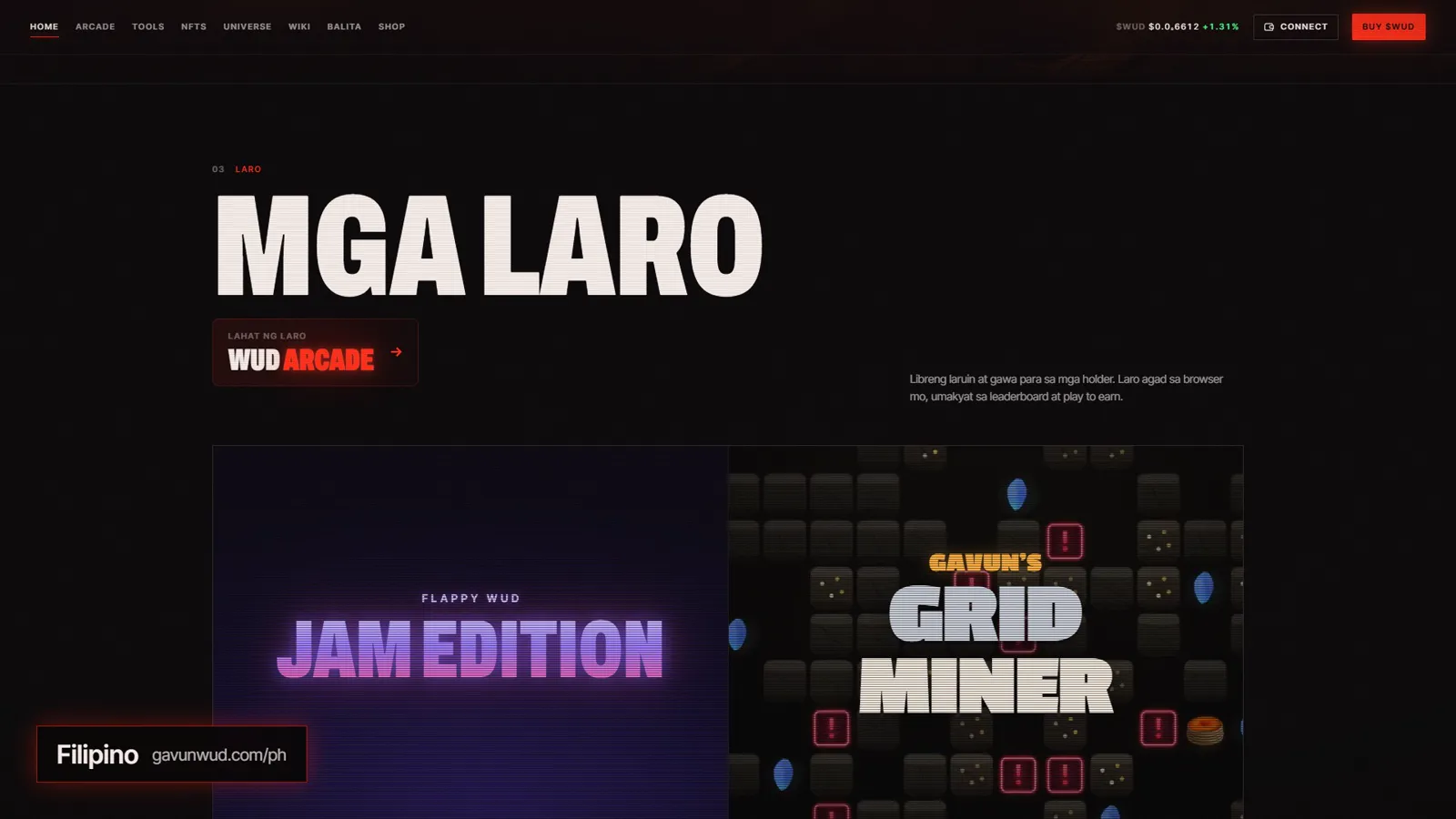 The games section of the homepage in Filipino